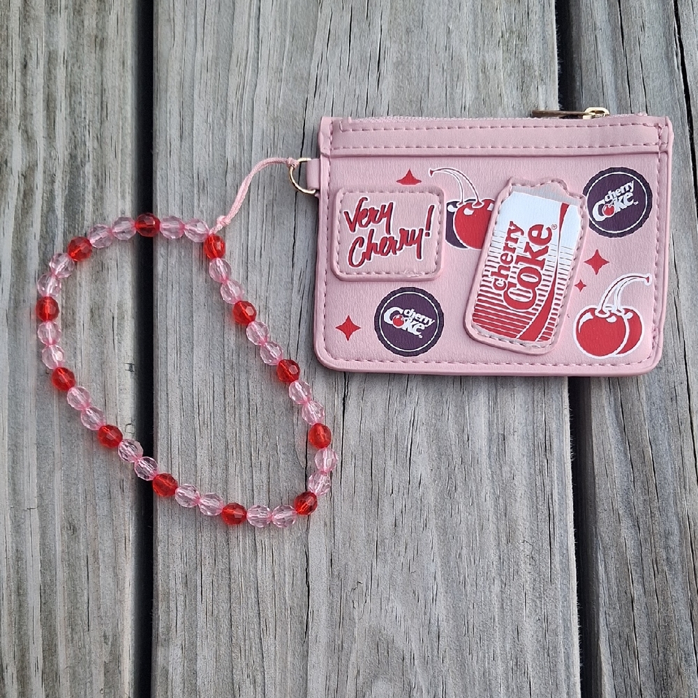 Pink Cherry Print Coin Pouch with Beaded Wristlet